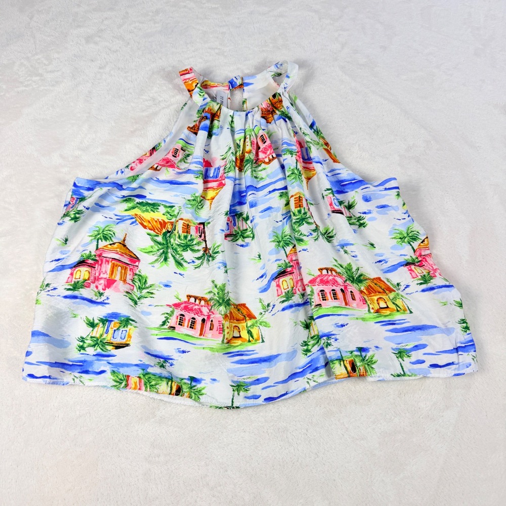 77 Park Tropical Print Halter Top Womens XL White Palm Tree Resort Vacation